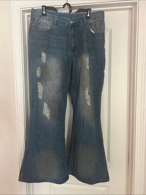Wide-Leg Distressed Flare Jeans - Blue